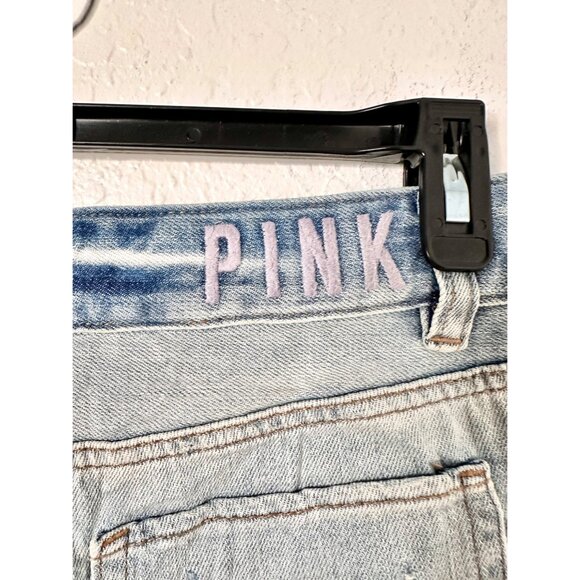 Victorias Secret Pink Denim Rhinestone Embellished Frayed Hem Shorts Size 8 - Picture 3 of 6